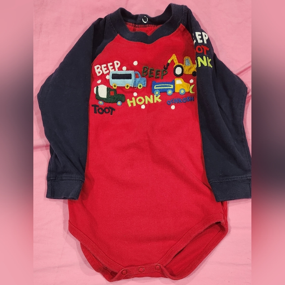 OshKosh baby boy long sleeve red and blue onesie; vehicles, size 24 months